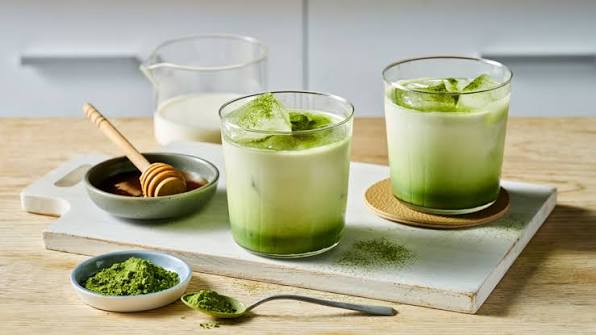 Iced matcha latte in a glass